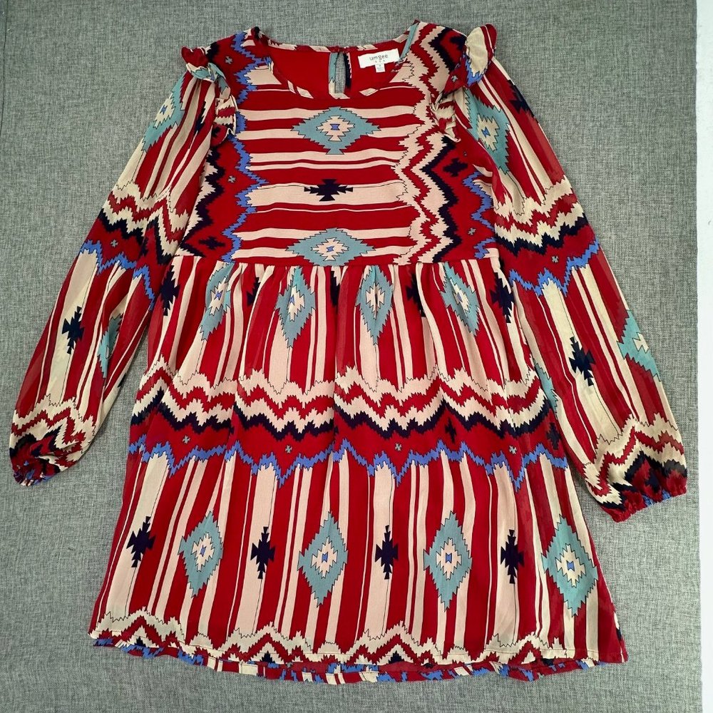Umgee USA Dress Tribal Print Lined Chiffon Small Lined Long Sleeve Red Blue Crea